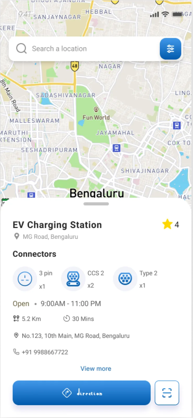 A charging station detail screen showing connector types, opening hours, distance and address.