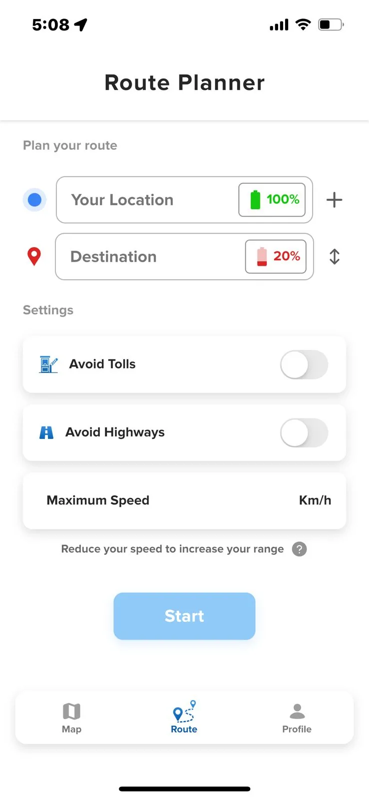 The route planner, with starting charge, destination charge, and options to avoid tolls and highways.