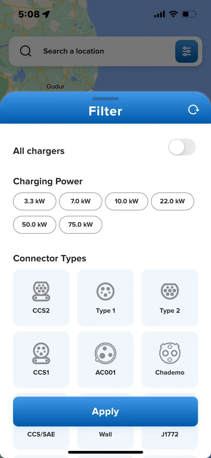 The filter sheet, listing charging power options and connector types including CCS2, Type 1, Type 2 and CHAdeMO.
