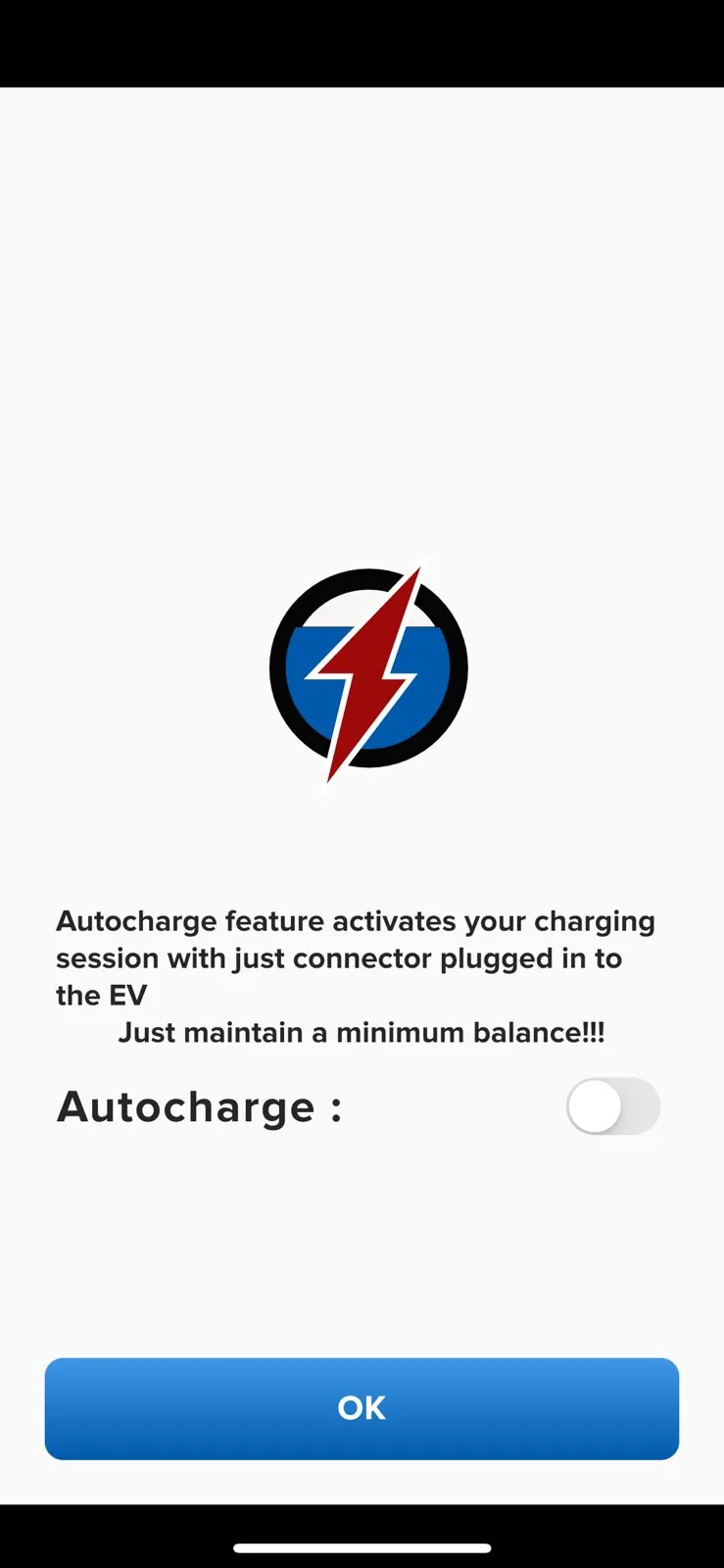 The autocharge screen, explaining that charging begins when the connector is plugged into the vehicle.