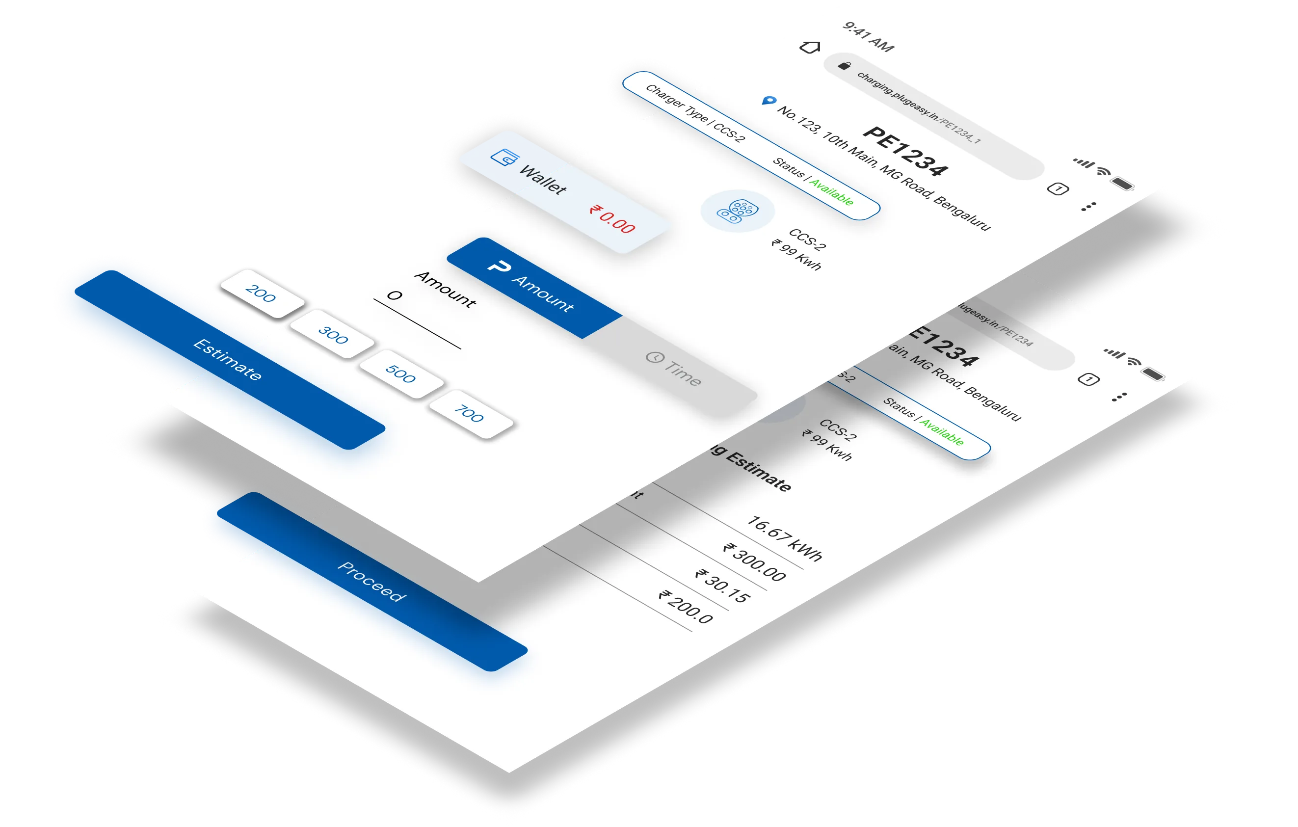 The appless charging flow: scan, select a connector, pay, and start the session.